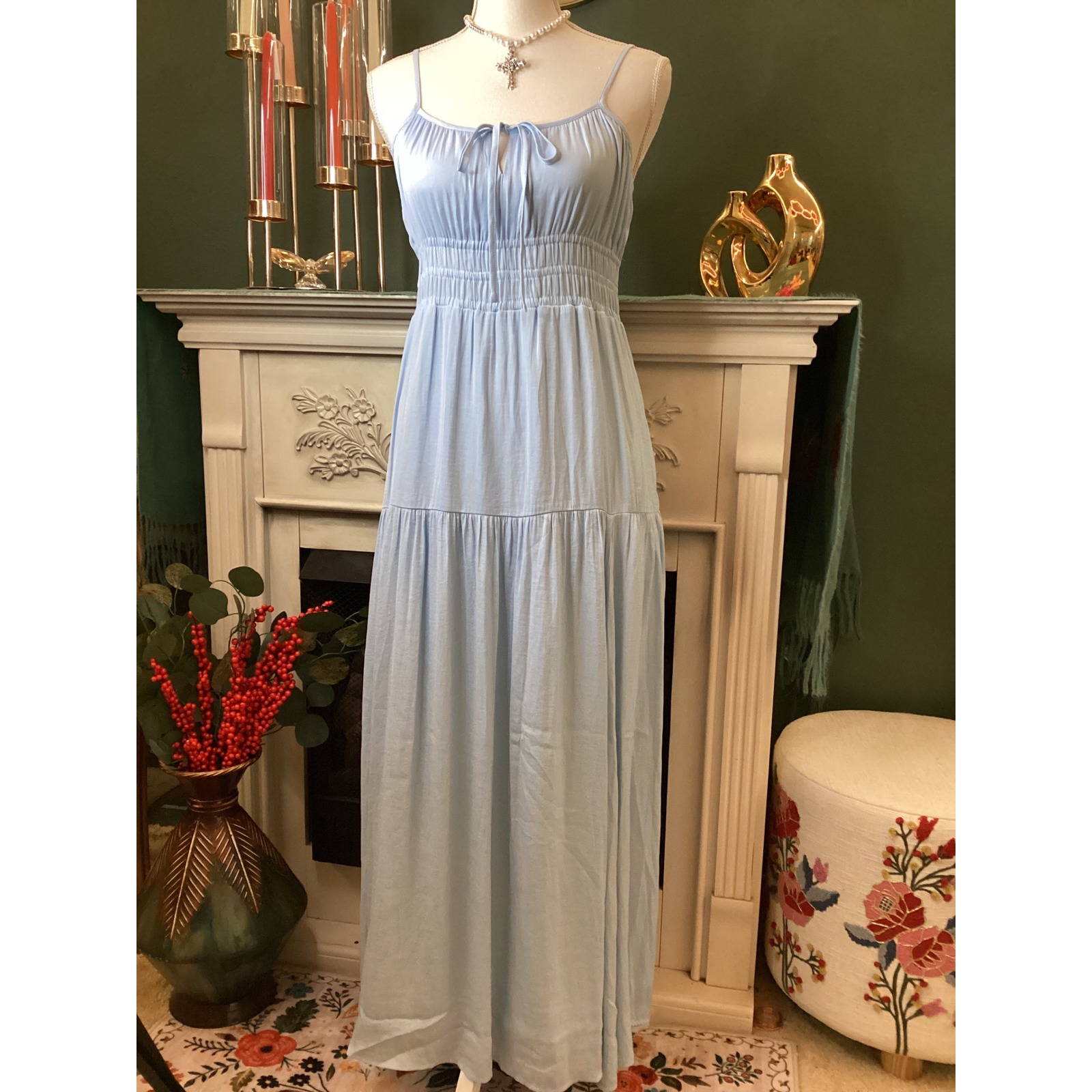 The Drop Light Blue Smocked Tiered Maxi Dress Spaghetti Strap Tie Neck Sz S Nwt